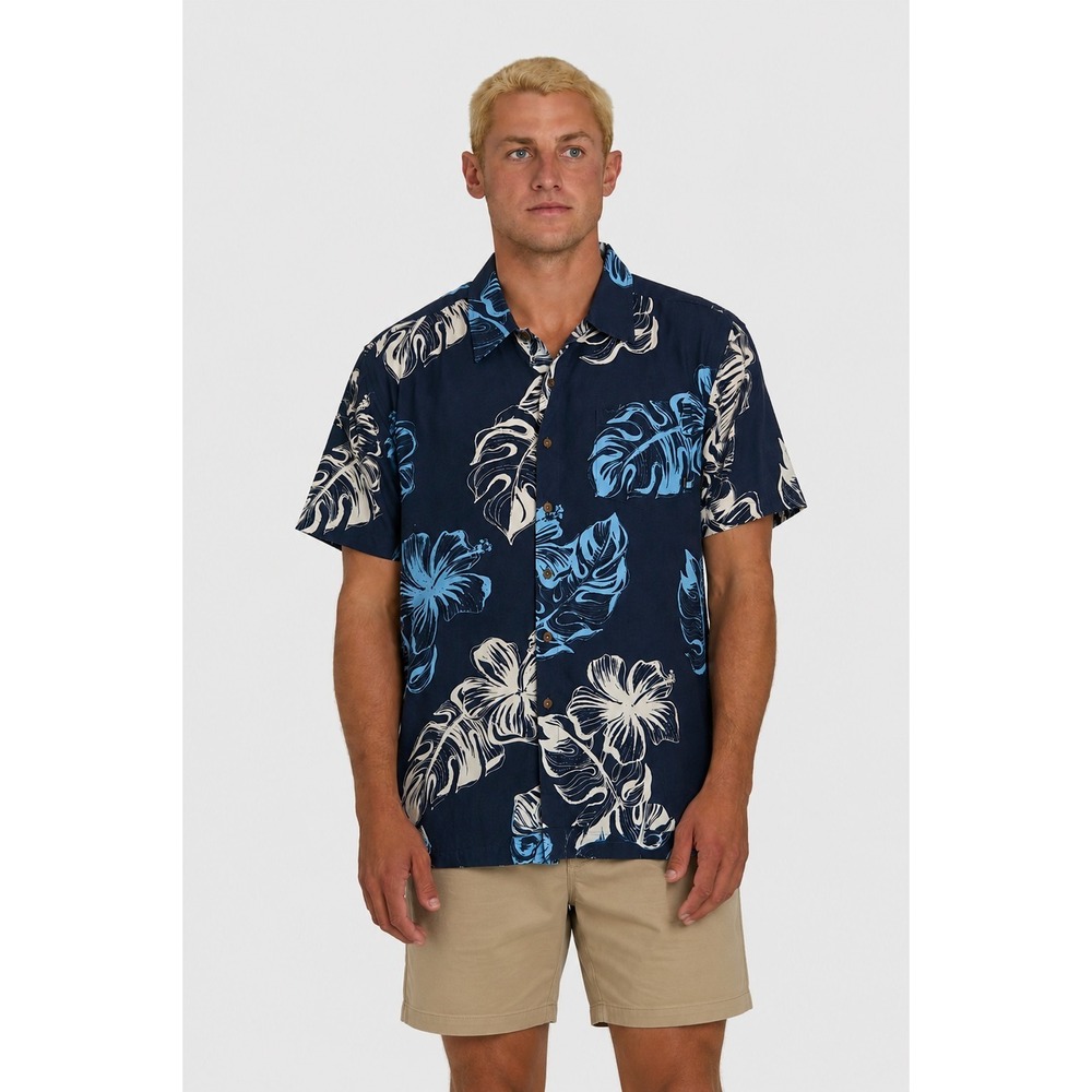 Billabong Bamboo Cotton Hawaiian Blue Floral Button Up Shirt Aloha Fit Sz Medium